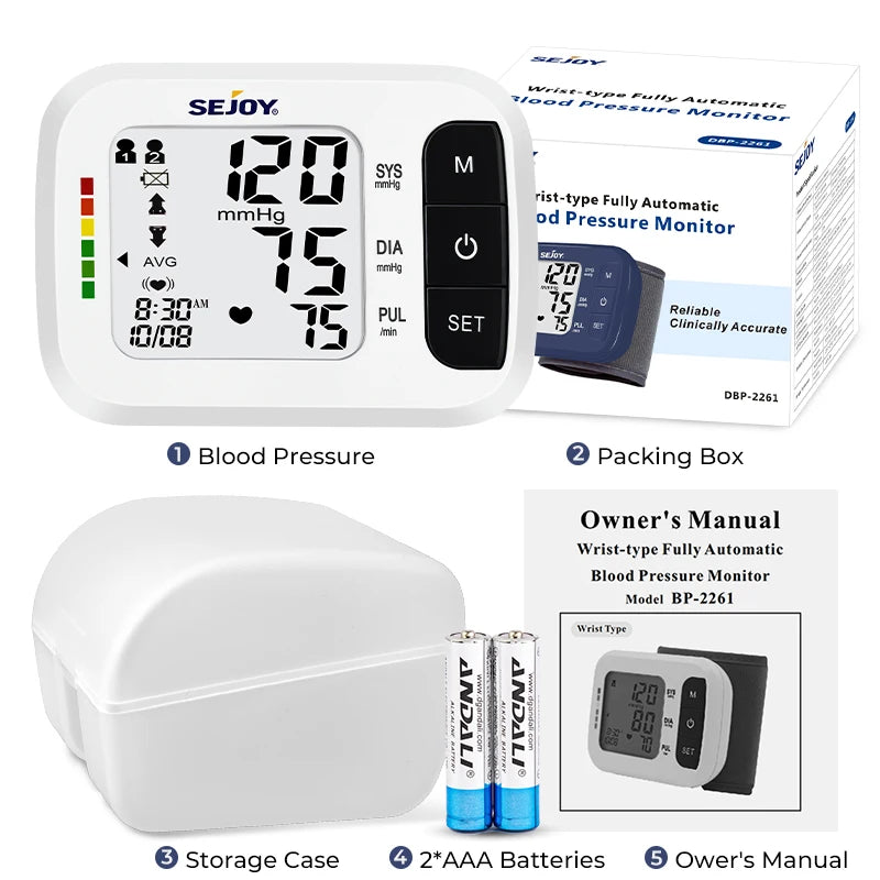 SEJOY Digital Wrist Blood Pressure Monitor Sphygmomanometer Tonometer Tensiometer Heart Rate Meter BP Monitor