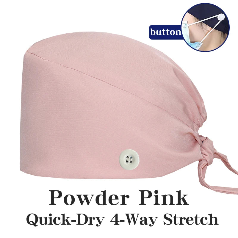 Micro Stretch Women's Medical Scrub Cap Adjustable Dentist Vet Nurse Work Cap Surgical Hat with Button Health Service Work Hat