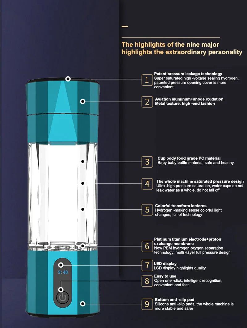 6000 PPB High Concentration of  Hydrogen Water Generator Bottle SPE&PEM TYpe Charge Akaline Water Ionizer
