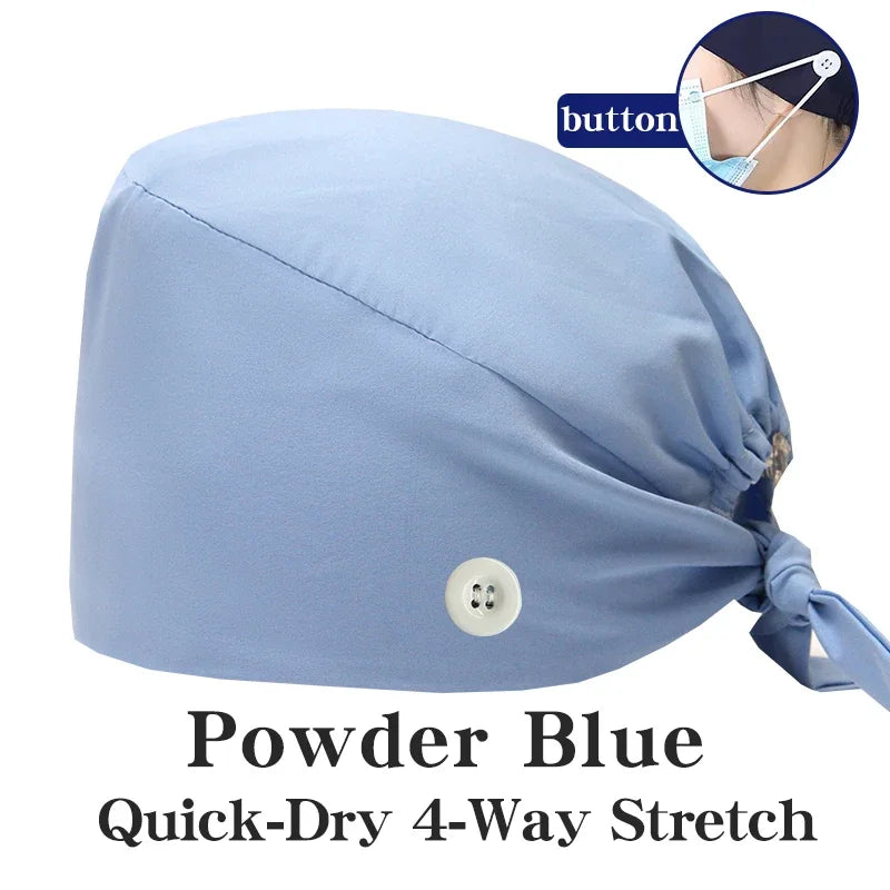 Micro Stretch Women's Medical Scrub Cap Adjustable Dentist Vet Nurse Work Cap Surgical Hat with Button Health Service Work Hat
