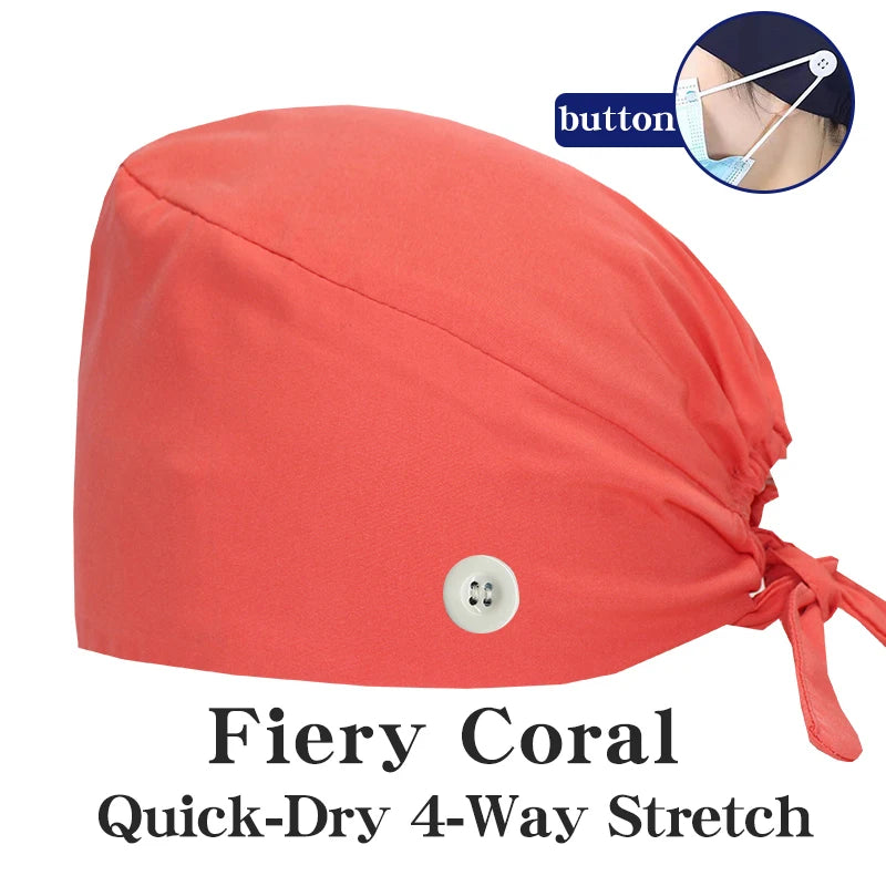 Micro Stretch Women's Medical Scrub Cap Adjustable Dentist Vet Nurse Work Cap Surgical Hat with Button Health Service Work Hat