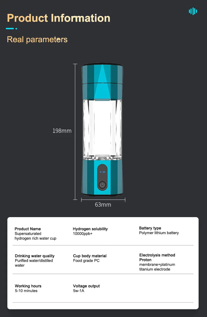 6000 PPB High Concentration of  Hydrogen Water Generator Bottle SPE&PEM TYpe Charge Akaline Water Ionizer