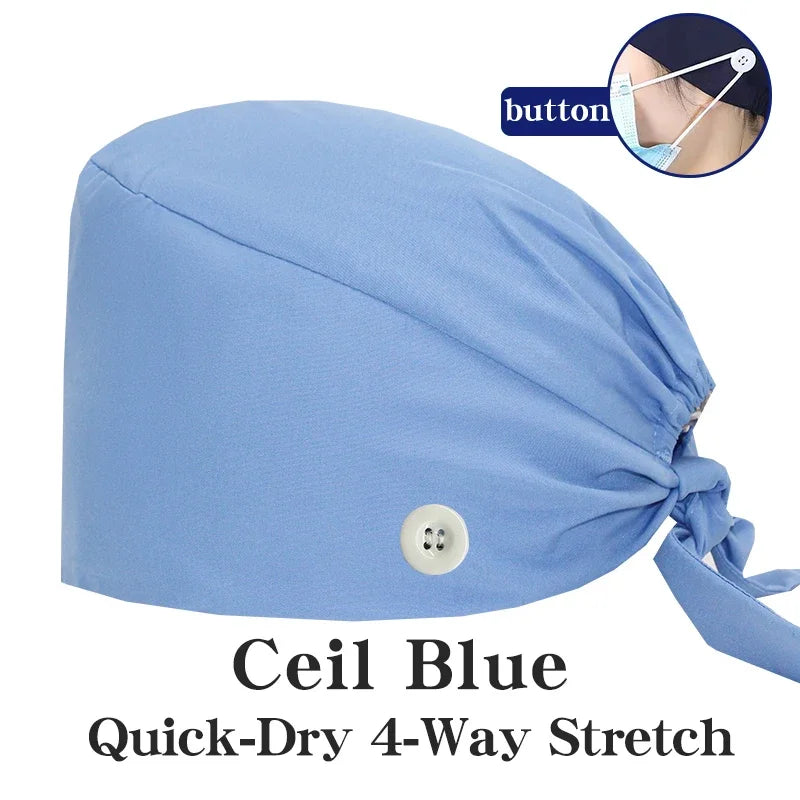 Micro Stretch Women's Medical Scrub Cap Adjustable Dentist Vet Nurse Work Cap Surgical Hat with Button Health Service Work Hat