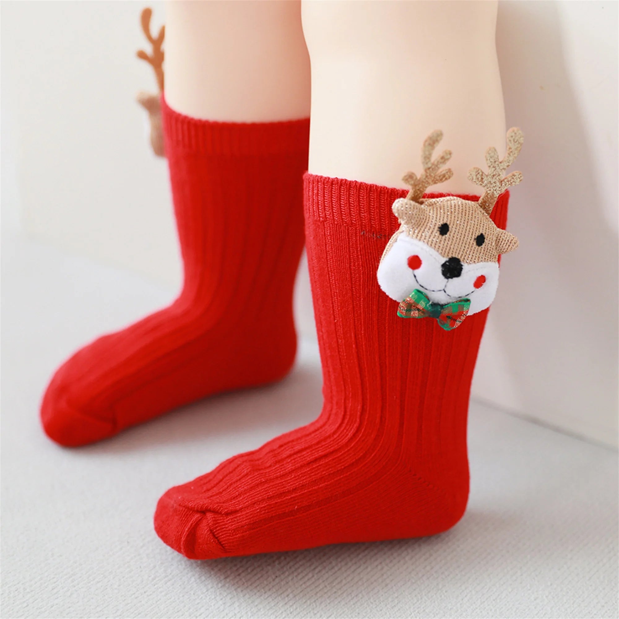 Adorable Reindeer and Snowman Christmas Stockings for Kids Festive Plush Dolls Knit Knee-High Socks Decoration