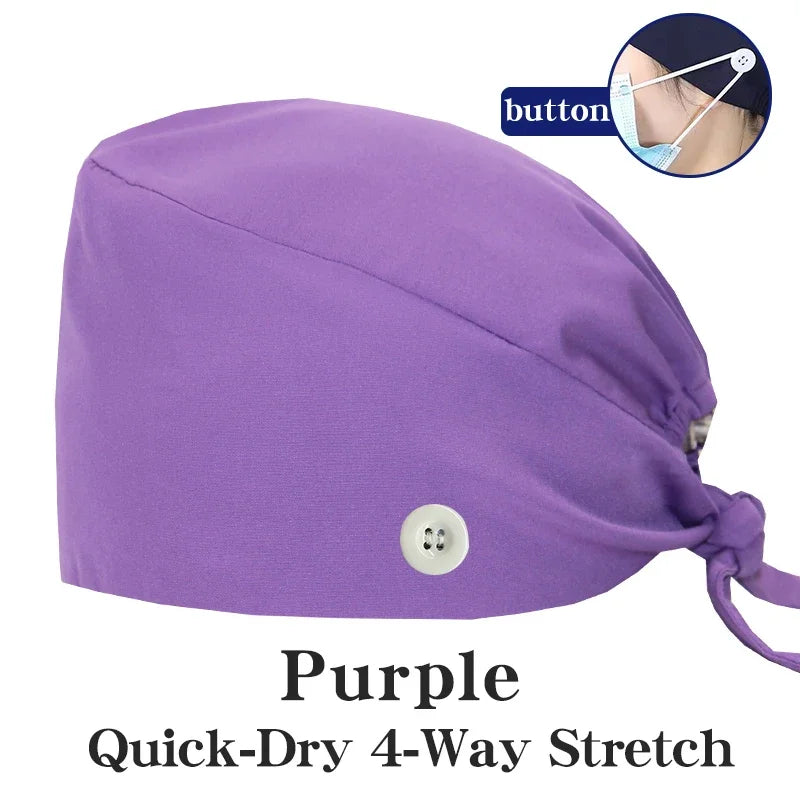 Micro Stretch Women's Medical Scrub Cap Adjustable Dentist Vet Nurse Work Cap Surgical Hat with Button Health Service Work Hat