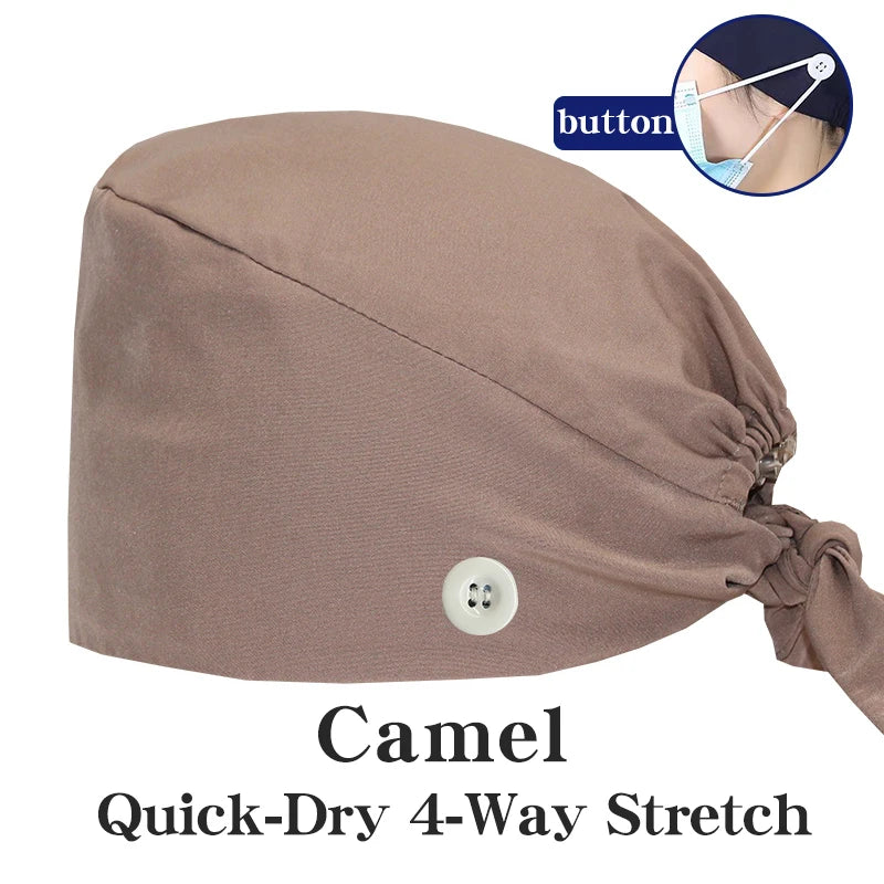 Micro Stretch Women's Medical Scrub Cap Adjustable Dentist Vet Nurse Work Cap Surgical Hat with Button Health Service Work Hat