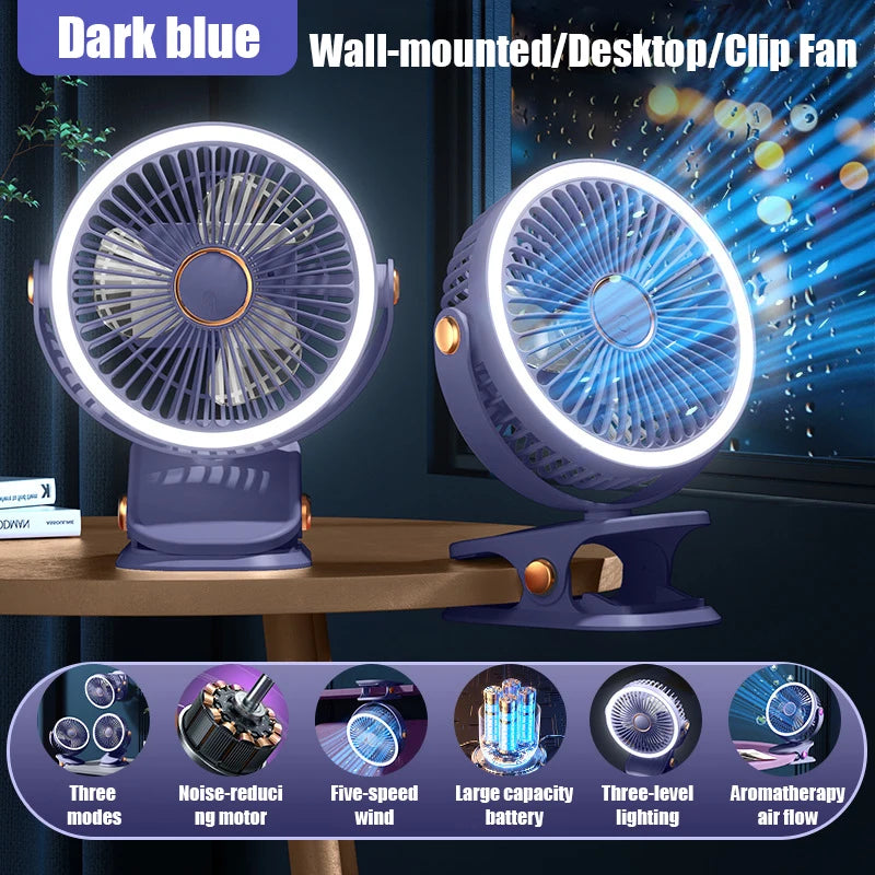 2pcs multifunctional portable silent clip fan with night light, five-speed wind, can hold aromatherapy tablets, adjustable angle