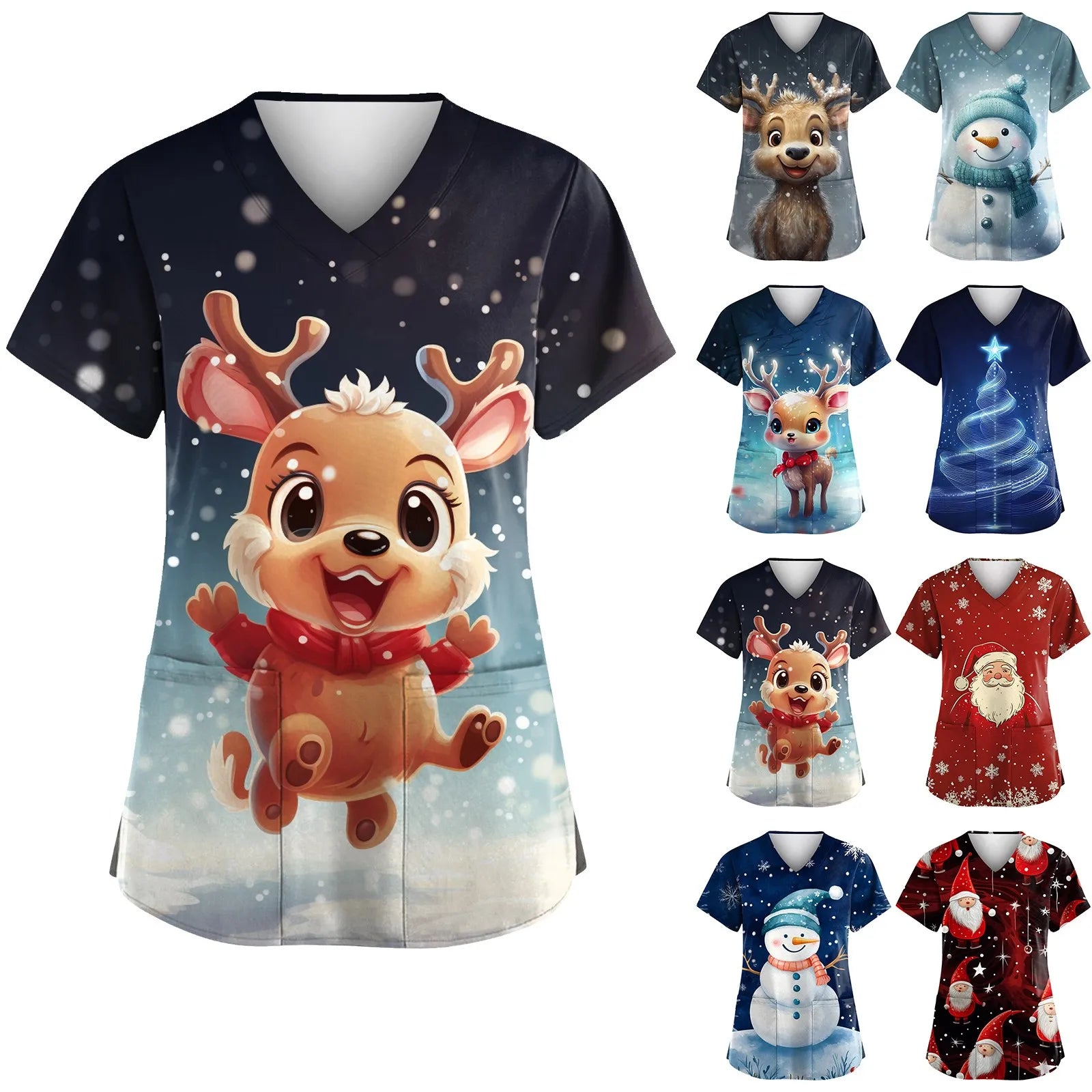 Womens Christmas Nurse Uniforms Print Short Sleeve V Neck Workwear With Pocket Working Nurse Work Wear Overalls Medical Uniforms