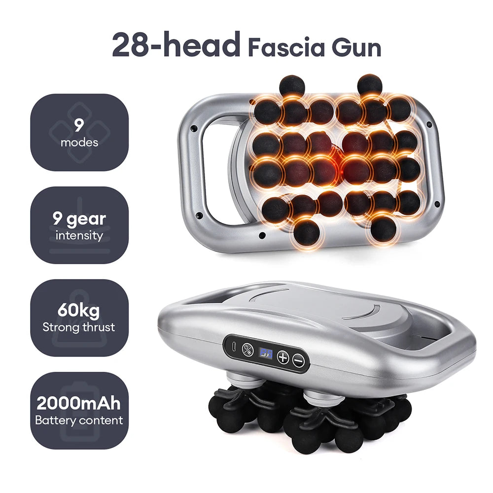 28-Heads Fascia Gun 9 Mode Vibration Massager 30mm Deep Tissue Massage Gun Back Waist Neck Shoulder Calf Massager masajeador