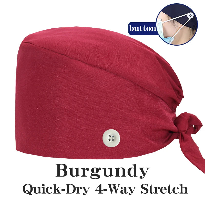 Micro Stretch Women's Medical Scrub Cap Adjustable Dentist Vet Nurse Work Cap Surgical Hat with Button Health Service Work Hat