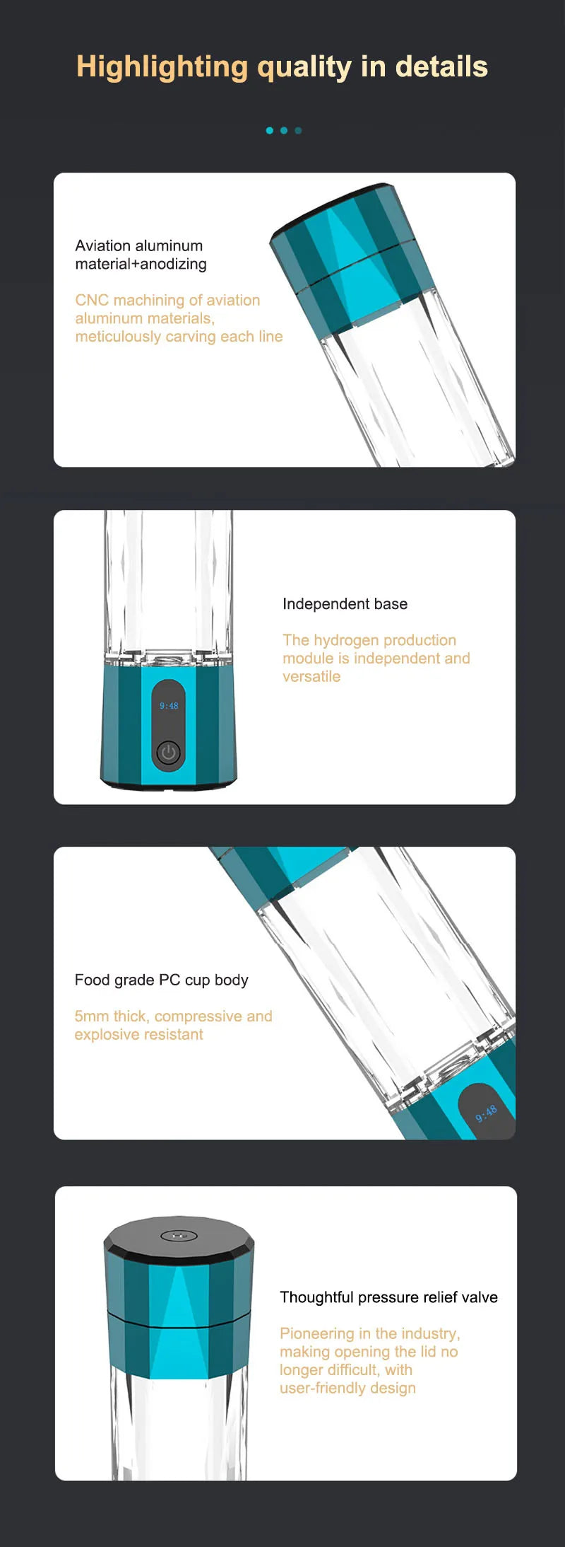 6000 PPB High Concentration of  Hydrogen Water Generator Bottle SPE&PEM TYpe Charge Akaline Water Ionizer