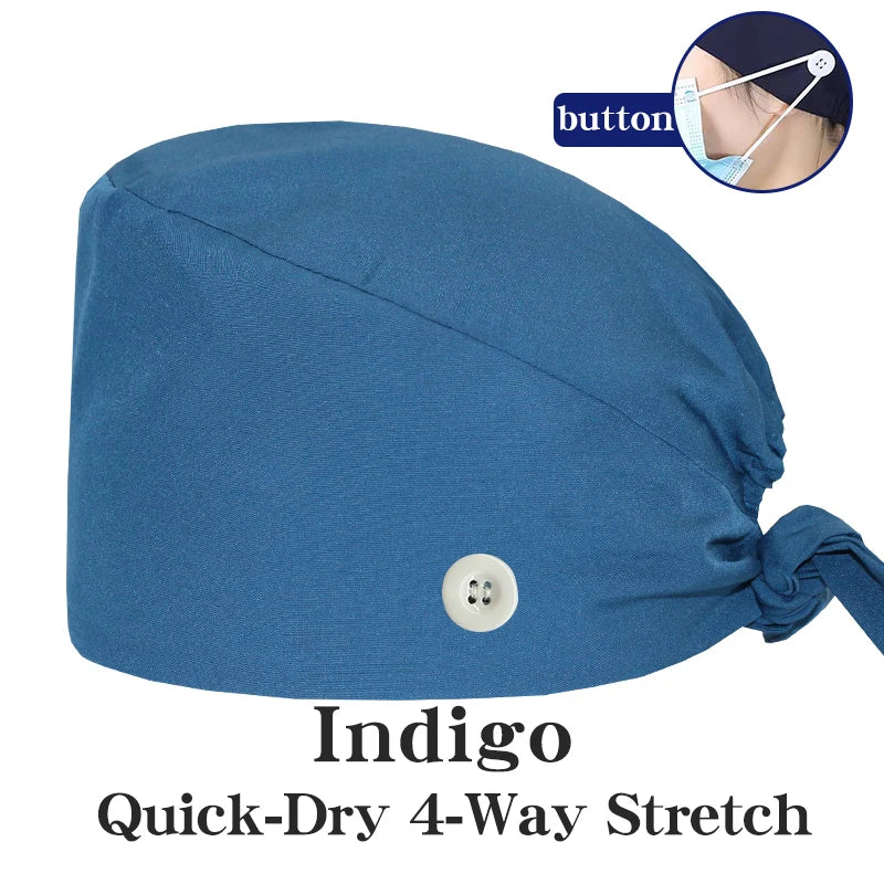 Micro Stretch Women's Medical Scrub Cap Adjustable Dentist Vet Nurse Work Cap Surgical Hat with Button Health Service Work Hat