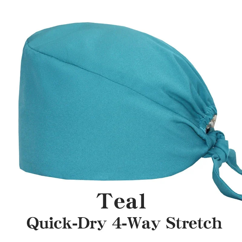 Micro Stretch Women's Medical Scrub Cap Adjustable Dentist Vet Nurse Work Cap Surgical Hat with Button Health Service Work Hat