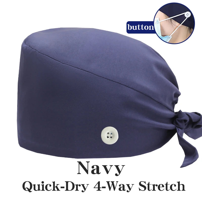 Micro Stretch Women's Medical Scrub Cap Adjustable Dentist Vet Nurse Work Cap Surgical Hat with Button Health Service Work Hat