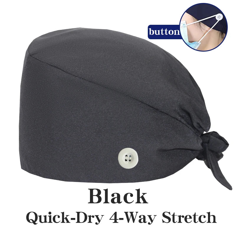 Micro Stretch Women's Medical Scrub Cap Adjustable Dentist Vet Nurse Work Cap Surgical Hat with Button Health Service Work Hat
