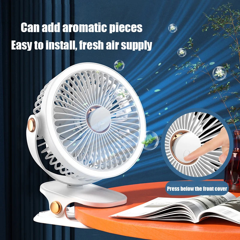 2pcs multifunctional portable silent clip fan with night light, five-speed wind, can hold aromatherapy tablets, adjustable angle