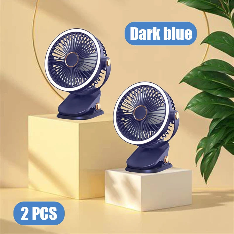 2pcs multifunctional portable silent clip fan with night light, five-speed wind, can hold aromatherapy tablets, adjustable angle