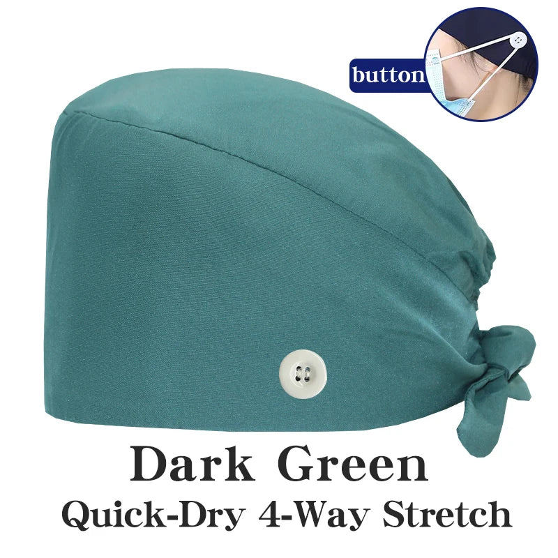 Micro Stretch Women's Medical Scrub Cap Adjustable Dentist Vet Nurse Work Cap Surgical Hat with Button Health Service Work Hat