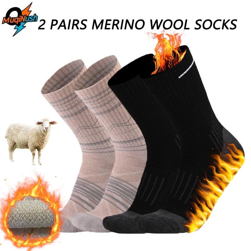 MuqiNush 2 Pairs Merino Wool Socks For Men Women Moisture Wicking Control for Outdoor Hiking Work Boot Thermal Warm All Seasons