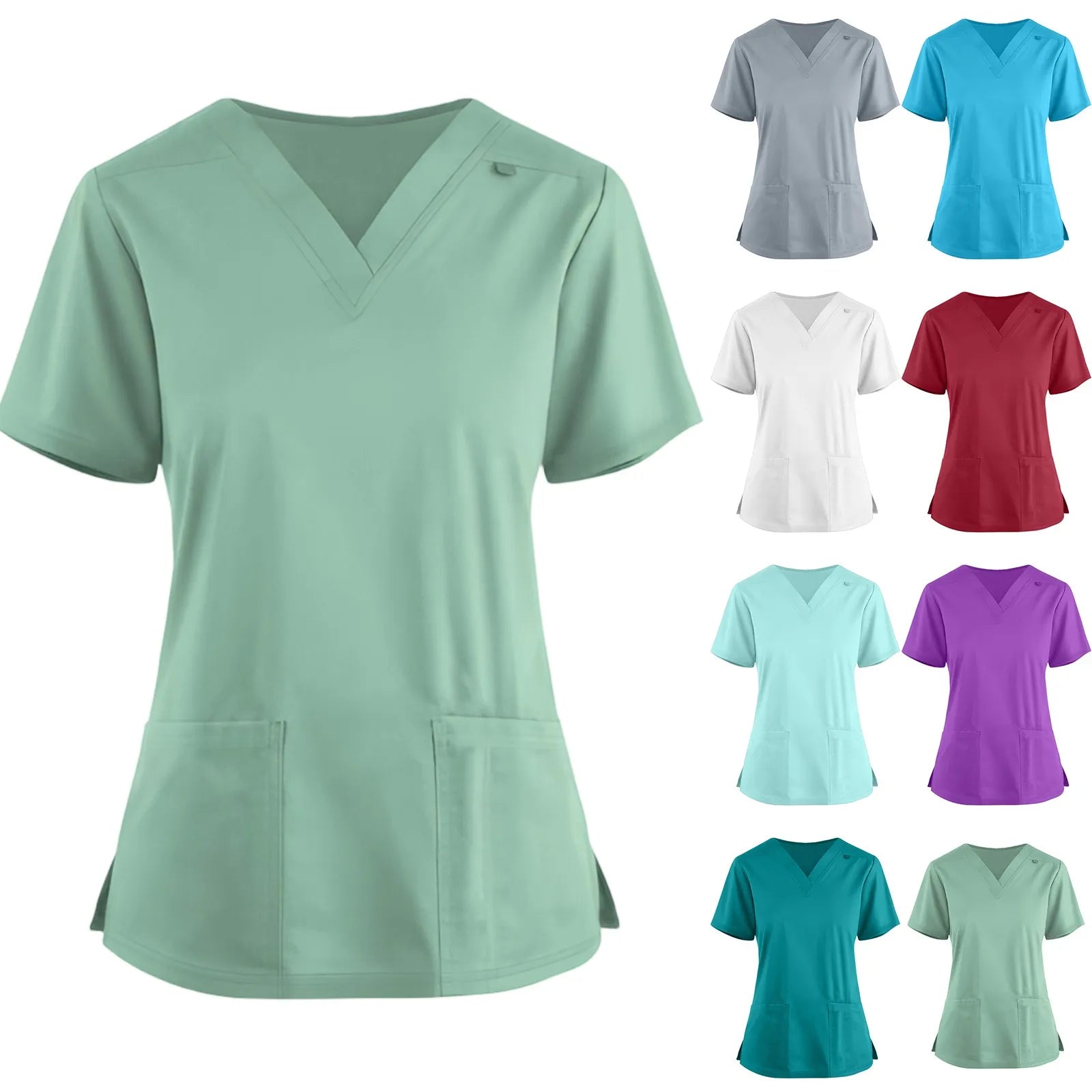Hospital Scrubs V-Neck Tops Short Sleeve With Pockets