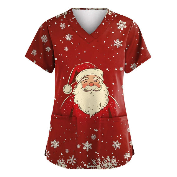 Womens Christmas Nurse Uniforms Print Short Sleeve V Neck Workwear With Pocket Working Nurse Work Wear Overalls Medical Uniforms