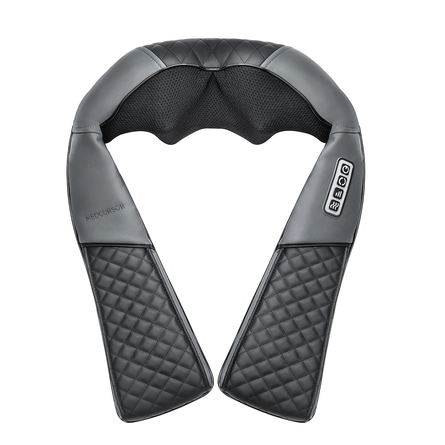 An electric neck and back massager with a gray and black color scheme, featuring padded sections and a control button.