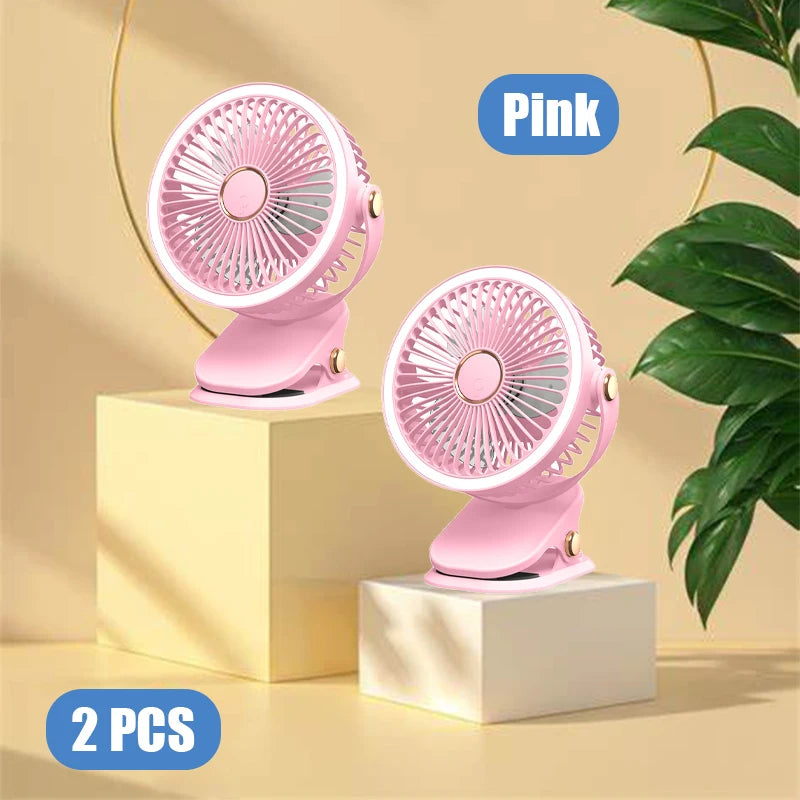 2pcs multifunctional portable silent clip fan with night light, five-speed wind, can hold aromatherapy tablets, adjustable angle