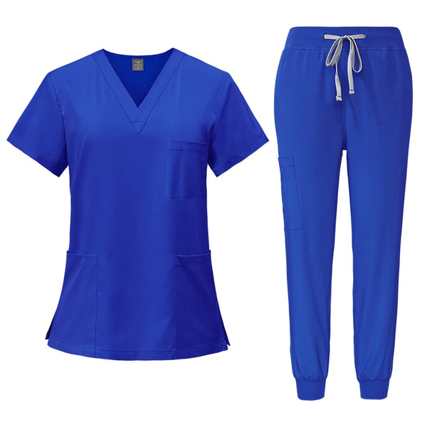 Women's Quick Drying Fabric Solid Color V-neck Pocket Short Sleeved Pants Set Workwear