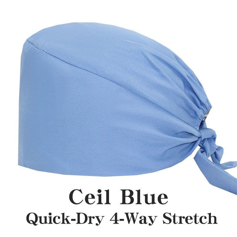 Micro Stretch Women's Medical Scrub Cap Adjustable Dentist Vet Nurse Work Cap Surgical Hat with Button Health Service Work Hat