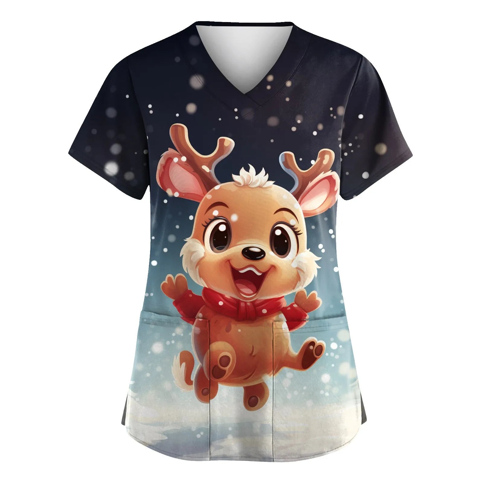 Womens Christmas Nurse Uniforms Print Short Sleeve V Neck Workwear With Pocket Working Nurse Work Wear Overalls Medical Uniforms