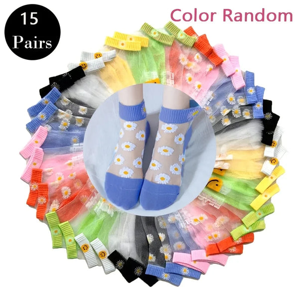 15-Pairs  Korean Style Socks: Random Color Sheer Ankle Socks with Daisy Print, Summer Invisible Wear