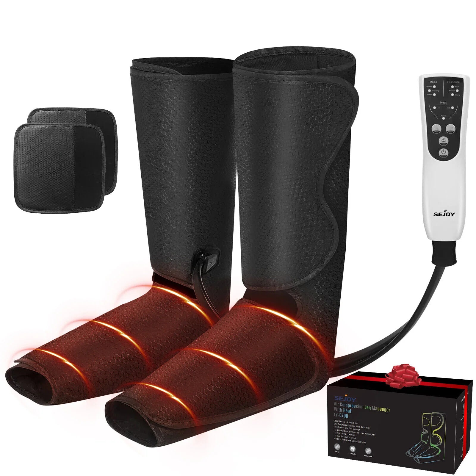 SEJOY Air Compression Leg Massager with heat, showing the leg wraps and remote control. The massager is designed to wrap around the legs and has visible heating elements.