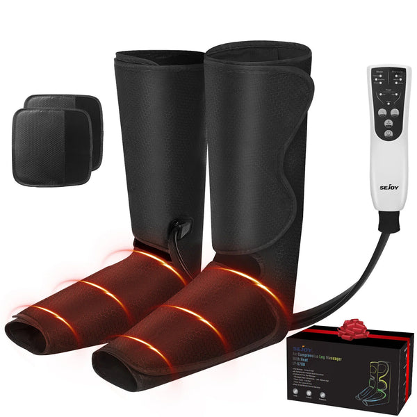 SEJOY Air Compression Leg Massager with heat, showing the leg wraps and remote control. The massager is designed to wrap around the legs and has visible heating elements.