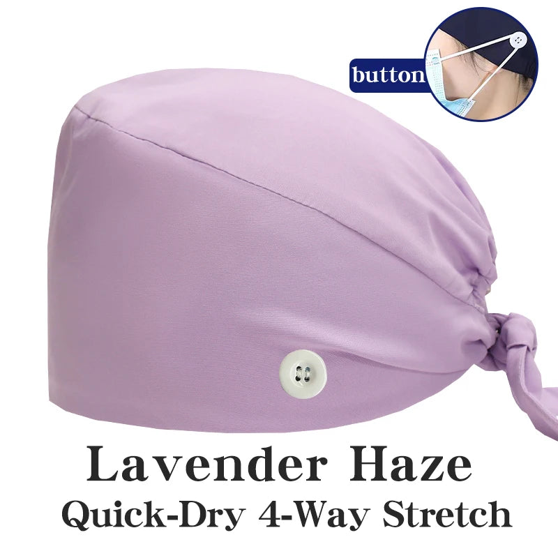 Micro Stretch Women's Medical Scrub Cap Adjustable Dentist Vet Nurse Work Cap Surgical Hat with Button Health Service Work Hat