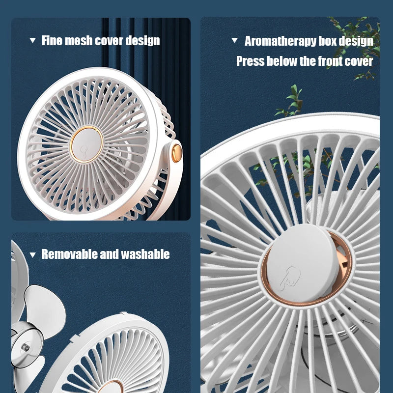 2pcs multifunctional portable silent clip fan with night light, five-speed wind, can hold aromatherapy tablets, adjustable angle