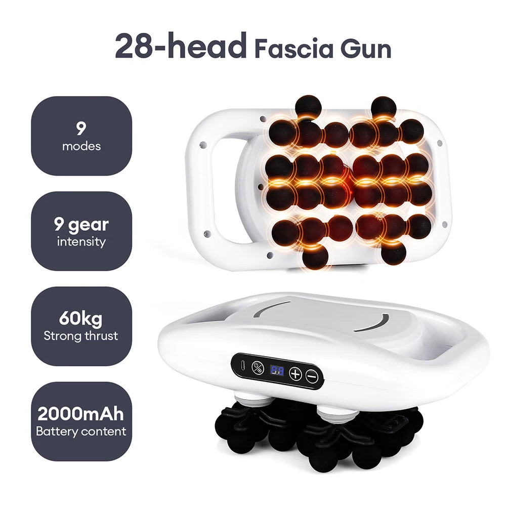 28-Heads Fascia Gun 9 Mode Vibration Massager 30mm Deep Tissue Massage Gun Back Waist Neck Shoulder Calf Massager masajeador