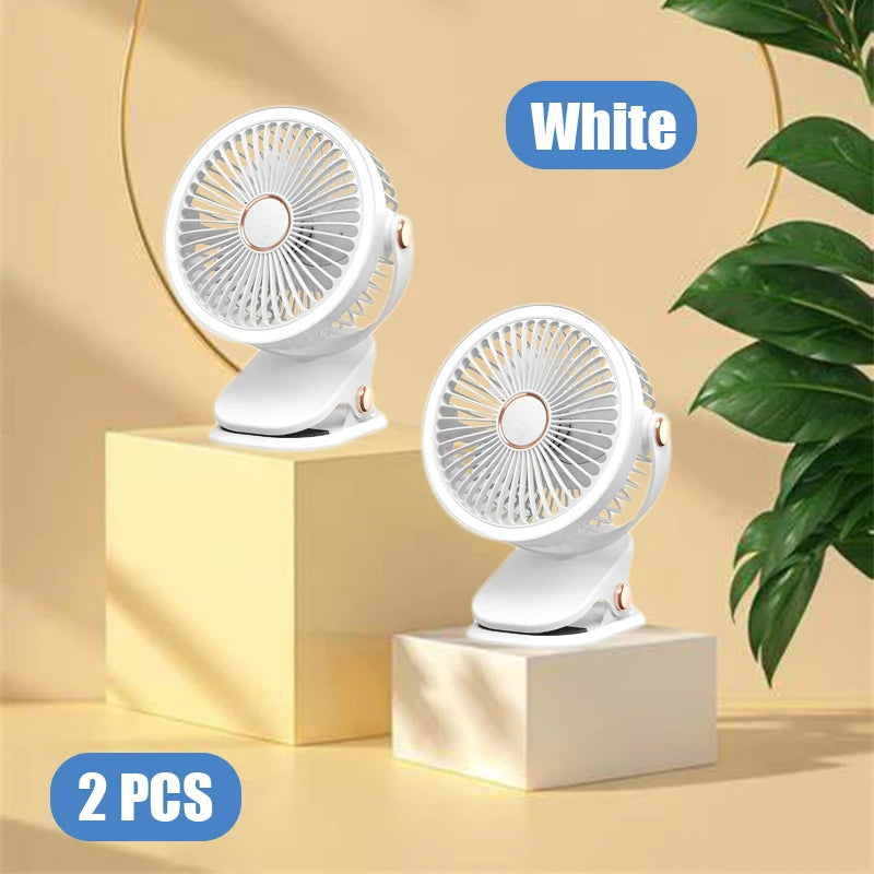 2pcs multifunctional portable silent clip fan with night light, five-speed wind, can hold aromatherapy tablets, adjustable angle