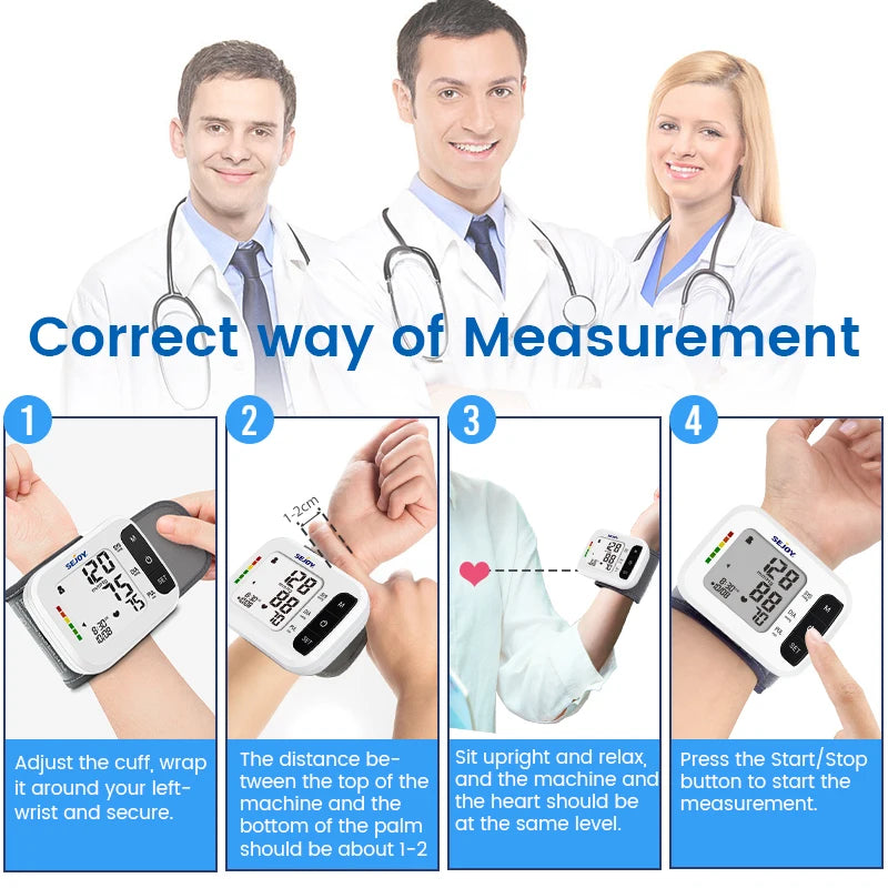 SEJOY Digital Wrist Blood Pressure Monitor Sphygmomanometer Tonometer Tensiometer Heart Rate Meter BP Monitor