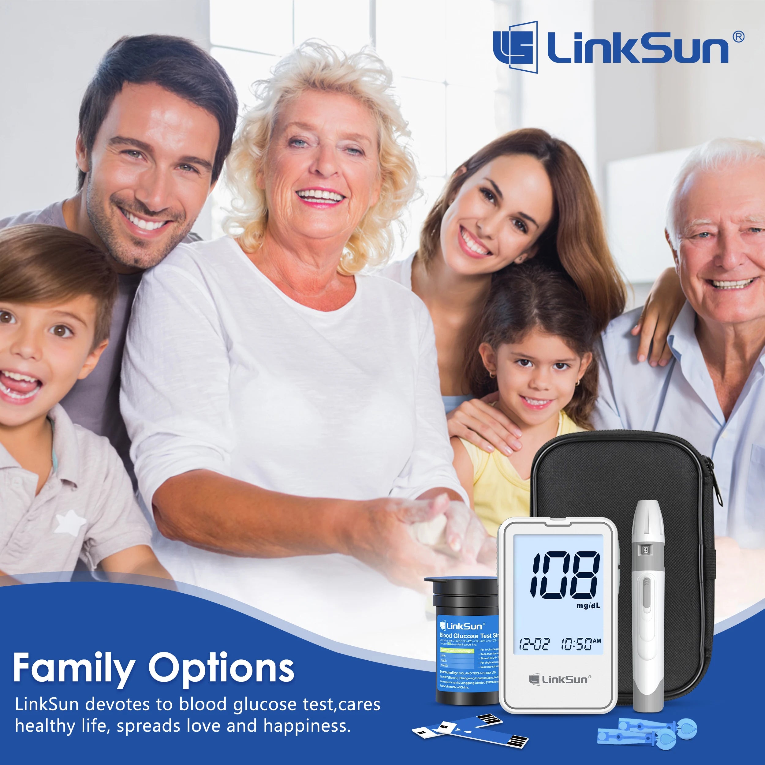 G-425-2 Linksun Blood Glucose Meter Glucometer Kit Medical Diabetes Testing Blood Sugar Tester Digital Glucosemeter Complete Kit