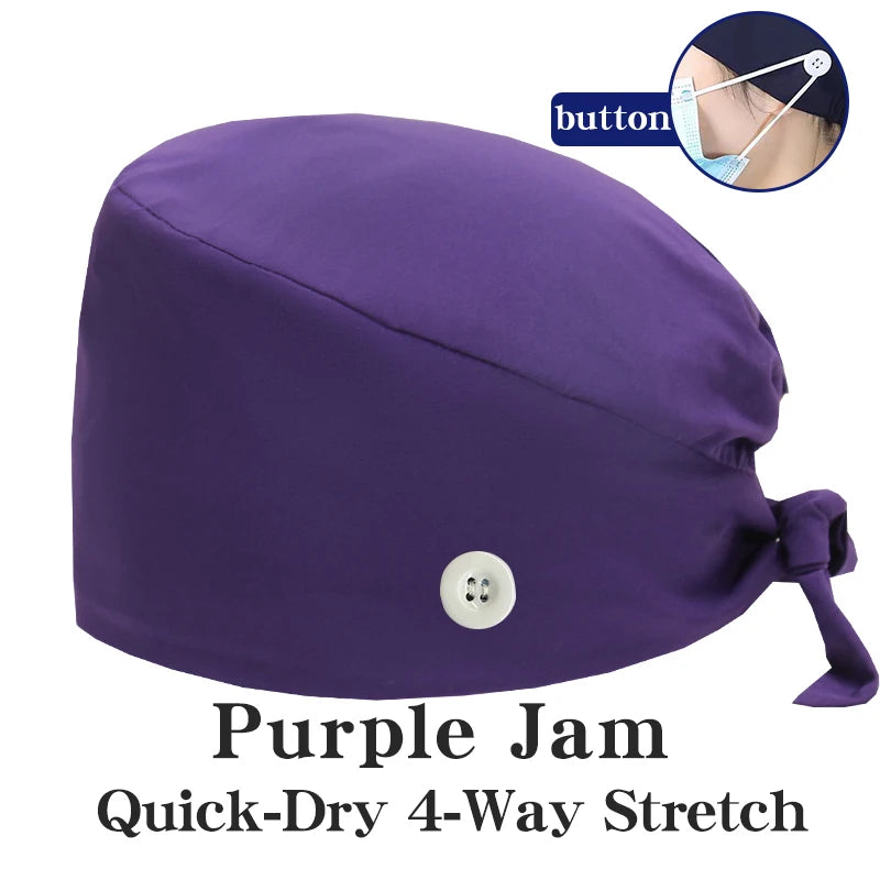 Micro Stretch Women's Medical Scrub Cap Adjustable Dentist Vet Nurse Work Cap Surgical Hat with Button Health Service Work Hat