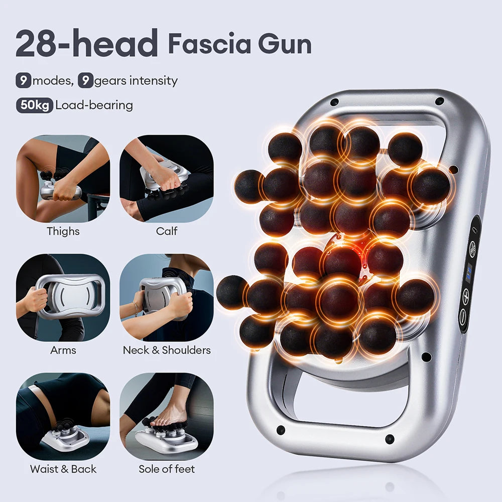 28-Heads Fascia Gun 9 Mode Vibration Massager 30mm Deep Tissue Massage Gun Back Waist Neck Shoulder Calf Massager masajeador