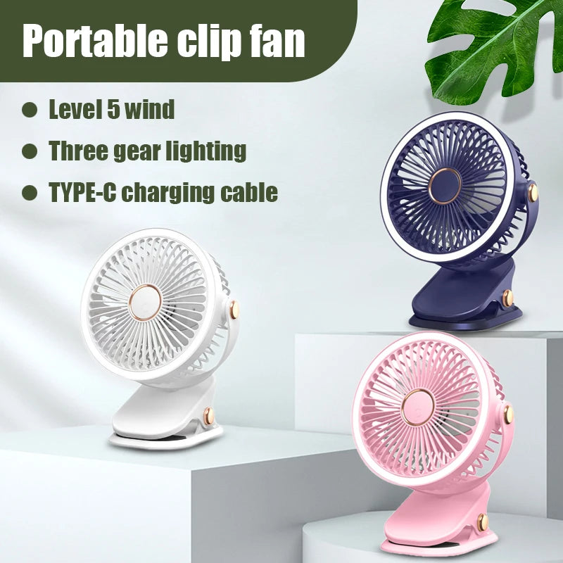 2pcs multifunctional portable silent clip fan with night light, five-speed wind, can hold aromatherapy tablets, adjustable angle