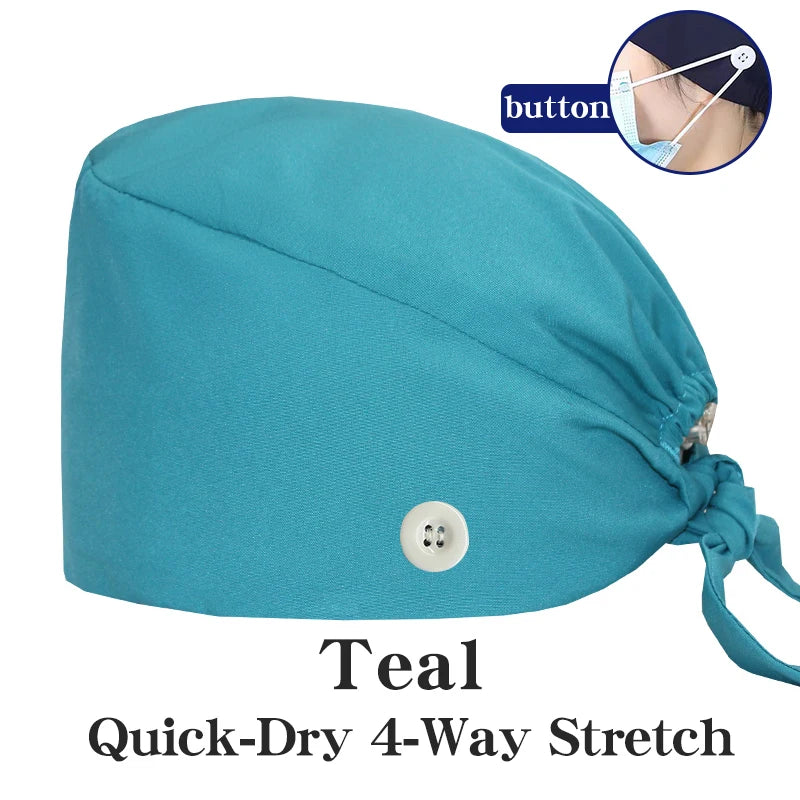 Micro Stretch Women's Medical Scrub Cap Adjustable Dentist Vet Nurse Work Cap Surgical Hat with Button Health Service Work Hat