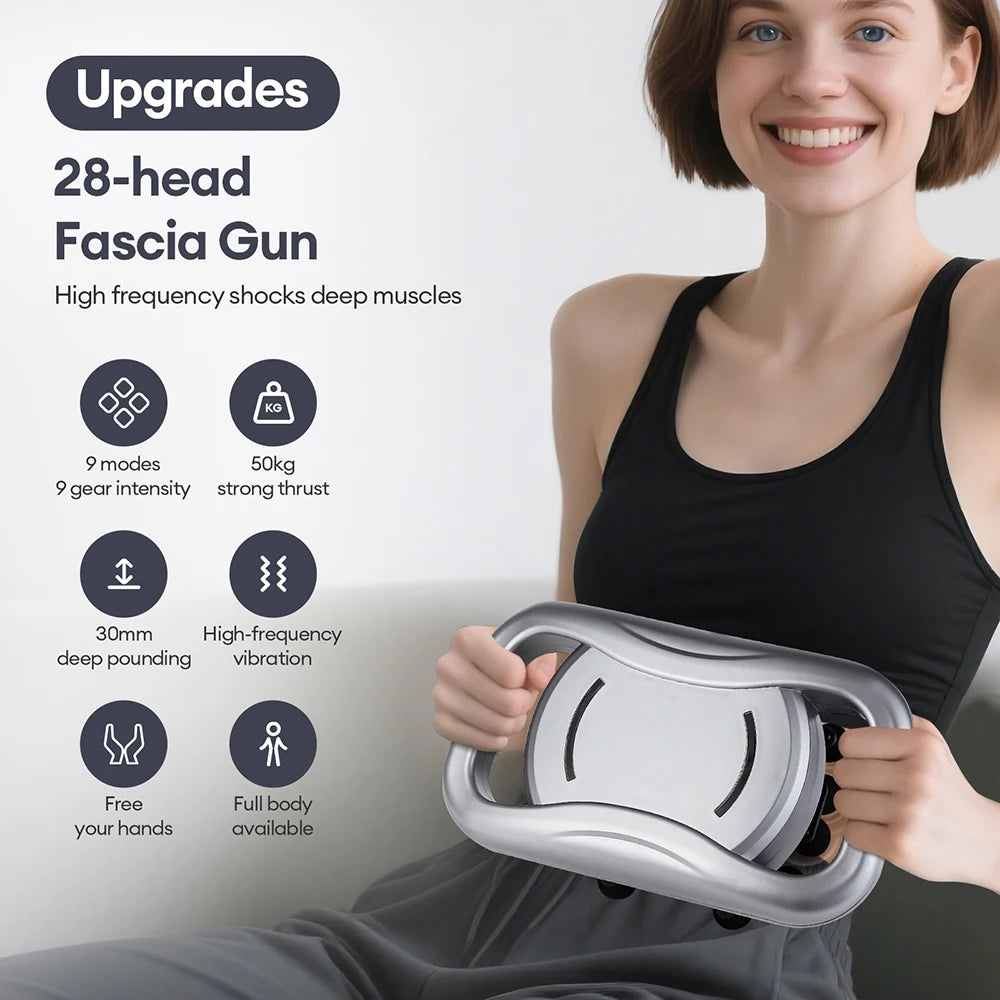 28-Heads Fascia Gun 9 Mode Vibration Massager 30mm Deep Tissue Massage Gun Back Waist Neck Shoulder Calf Massager masajeador