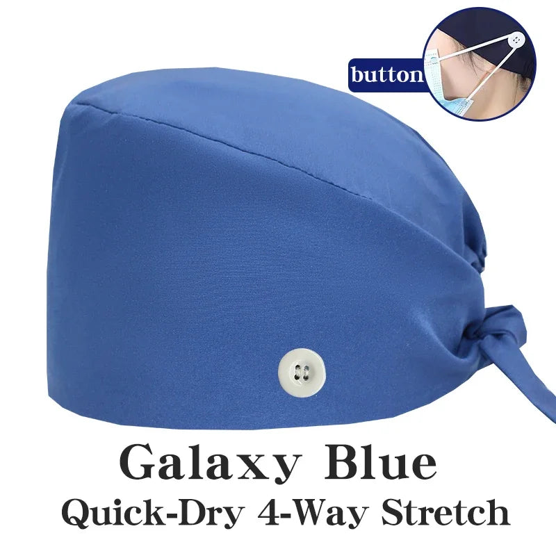 Micro Stretch Women's Medical Scrub Cap Adjustable Dentist Vet Nurse Work Cap Surgical Hat with Button Health Service Work Hat
