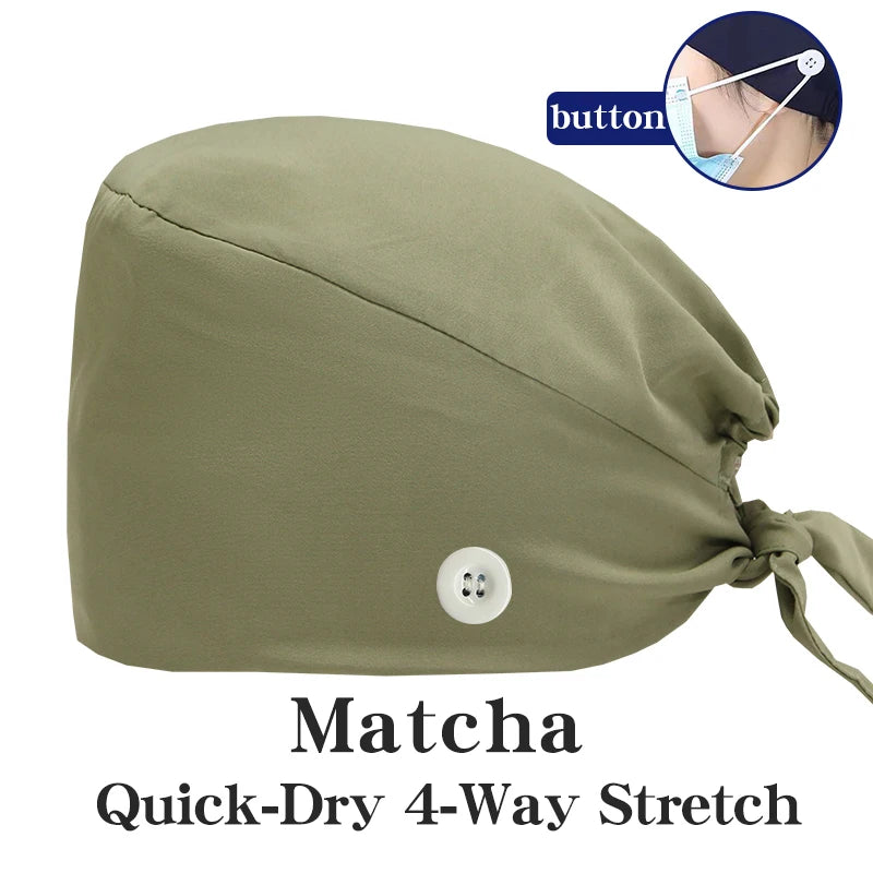 Micro Stretch Women's Medical Scrub Cap Adjustable Dentist Vet Nurse Work Cap Surgical Hat with Button Health Service Work Hat