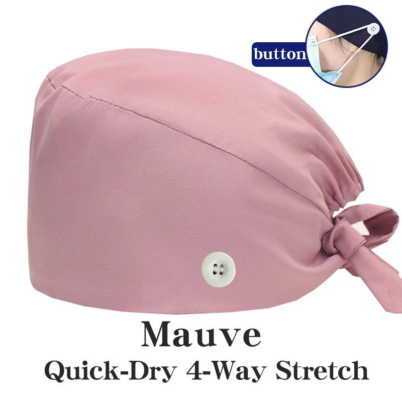 Micro Stretch Women's Medical Scrub Cap Adjustable Dentist Vet Nurse Work Cap Surgical Hat with Button Health Service Work Hat